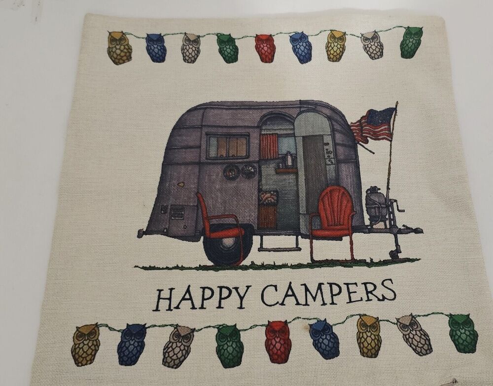 Retro HAPPY CAMPERS Trailer Pillow Cover Sham Owls Hidden Zipper 17-inch NEW